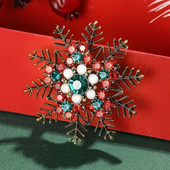 Women Rhinestone Snowflake Brooch Crystal Winter Snowflake Brooch Pin Red - Picture 3 of 6